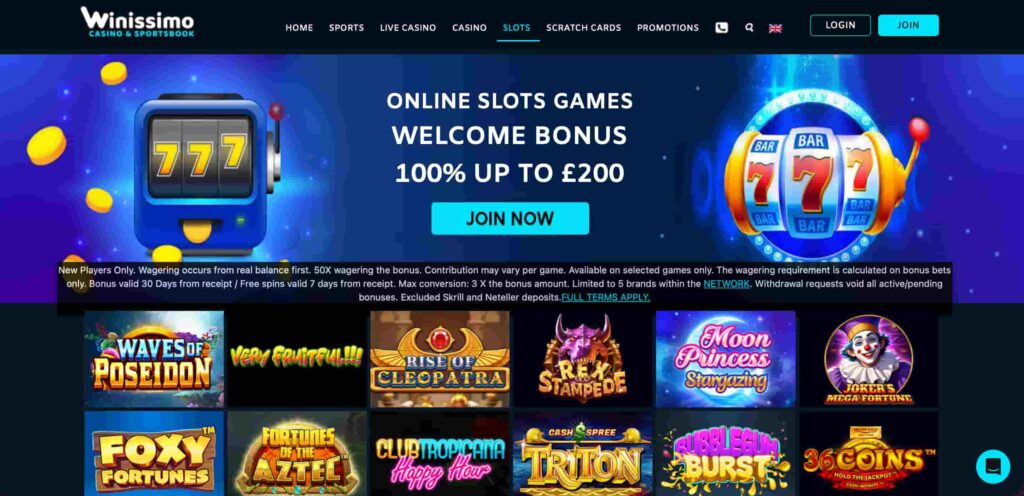 Winissimo Casino homepage showing welcome bonus offer of 100% up to £200 and featured online slot games.