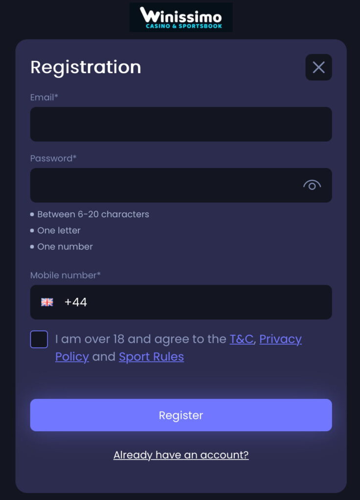 Winissimo Casino registration form showing fields for email, password, mobile number and age verification checkbox.