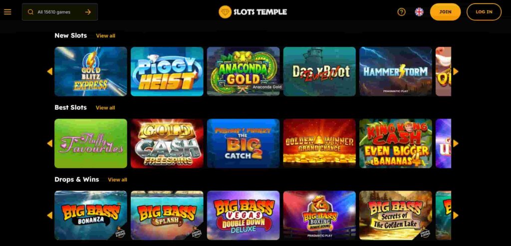 Slots Temple Casino game lobby showing featured slot games, new releases, best slots, and Pragmatic Play Drops & Wins titles.