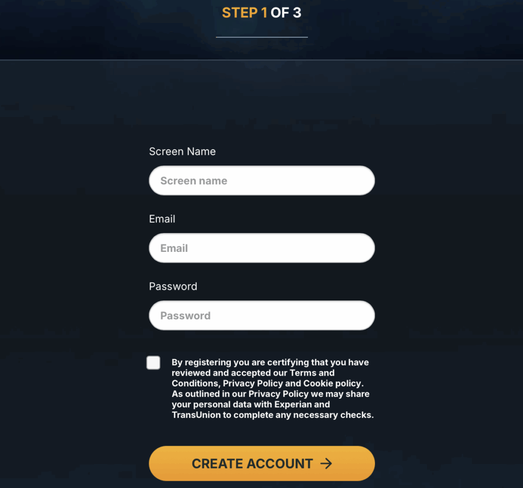 Slots Temple Casino registration form showing step 1 of account creation with screen name, email, and password fields.