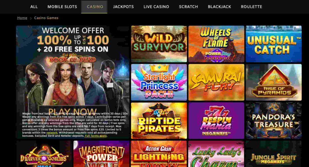 Sparkle Slots casino games page showing the welcome offer and popular slot titles including Book of Dead.