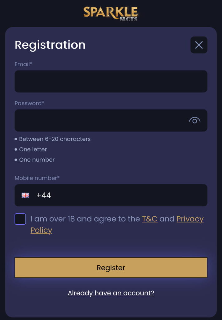Sparkle Slots registration page showing the sign-up form for new players.