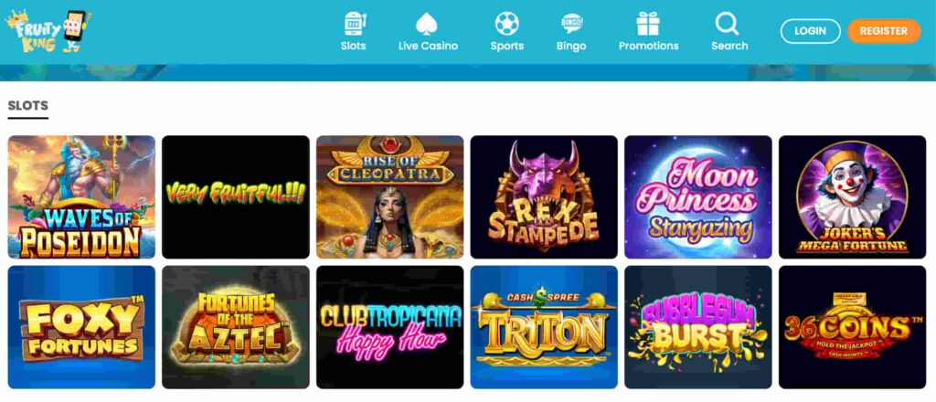 Fruity King Casino slots lobby showing a selection of online slot games including Waves of Poseidon, Rise of Cleopatra, Rex Stampede, and Joker’s Mega Fortune