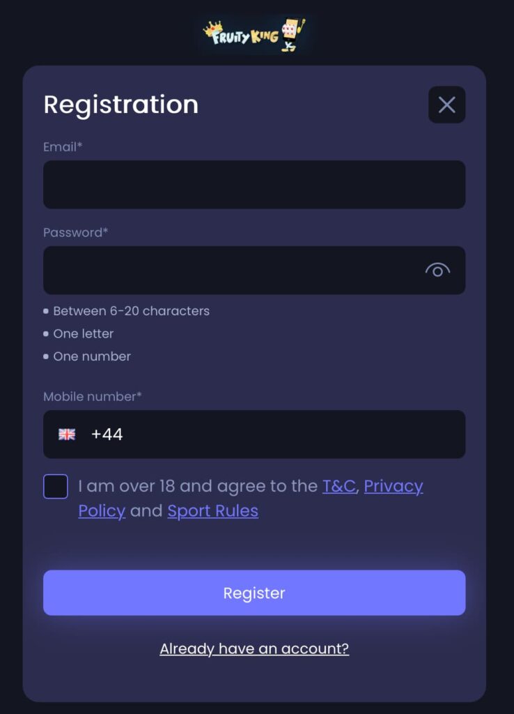Fruity King Casino registration form showing fields for email, password, mobile number, age confirmation, and a register button