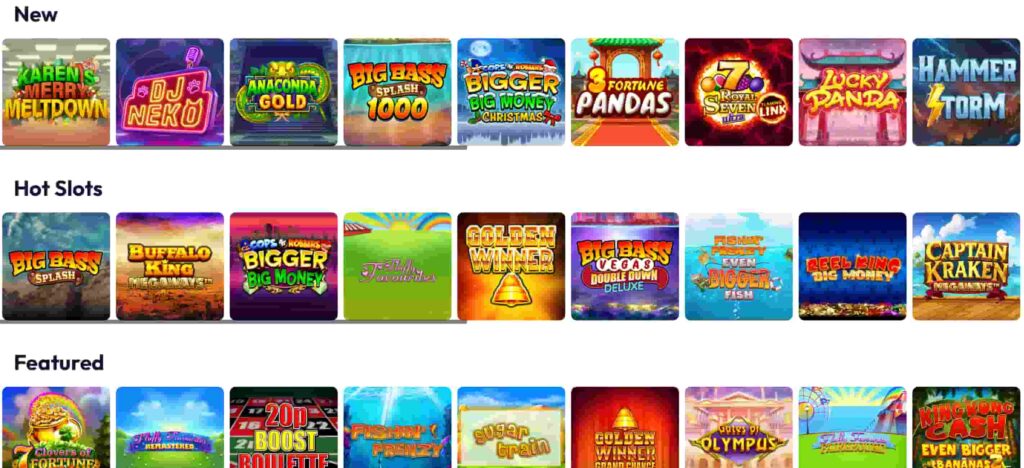 “Cosmic Spins casino slot game lobby showing New, Hot Slots, and Featured games, including Big Bass Splash, Buffalo King Megaways, Gates of Olympus, and Lucky Panda.