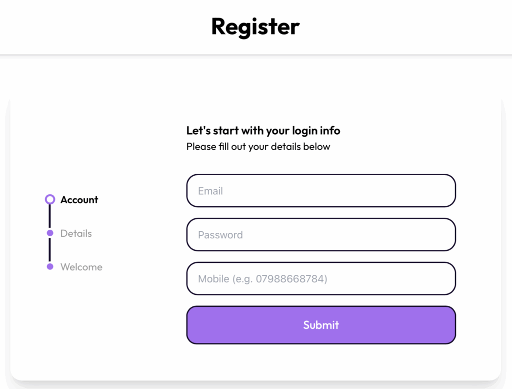 Cosmic Spins casino registration form showing email, password, and mobile number fields with a three-step sign-up progress indicator