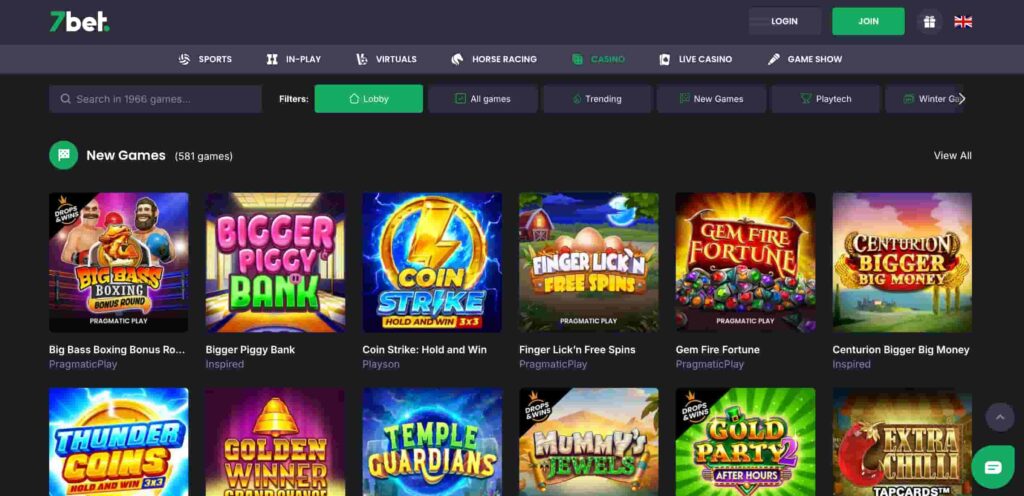 7Bet Casino lobby screenshot showing new online slot games and navigation filters, including titles like Big Bass Boxing Bonus Round, Bigger Piggy Bank, Coin Strike, Finger Lick’n Free Spins, and Gem Fire Fortune.