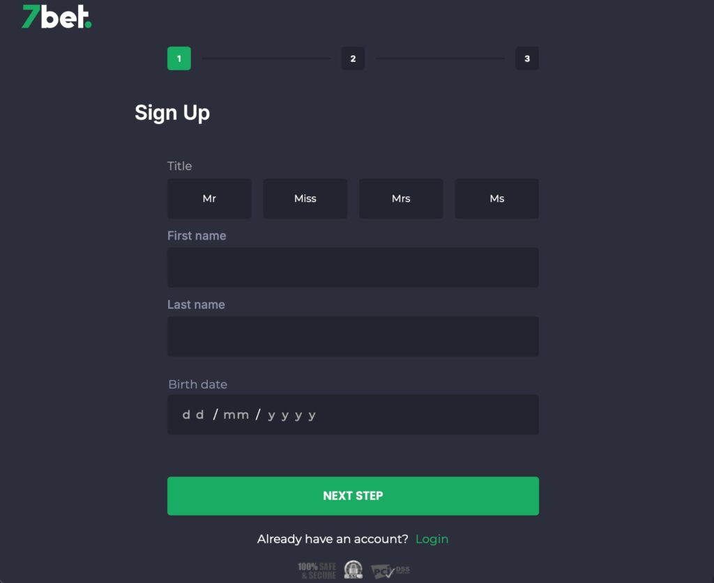 Screenshot of the 7Bet Casino sign-up form showing title selection options, fields for first name, last name, date of birth, and a Next Step button.