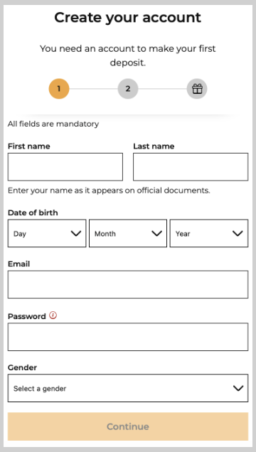 32Red Casino registration form showing fields for personal details.