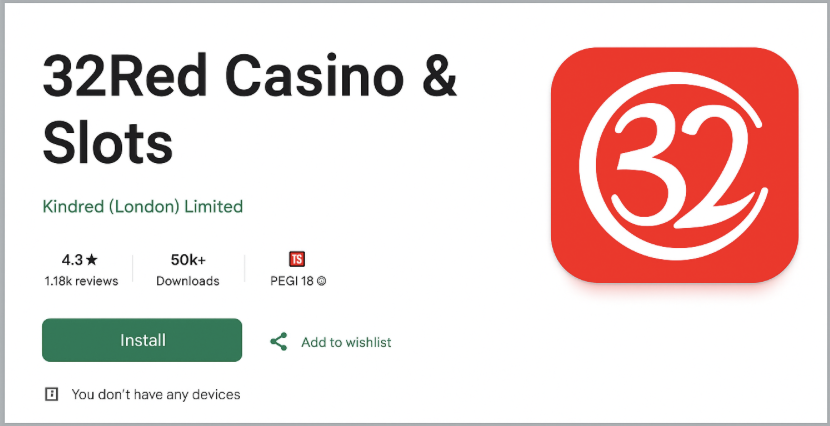 Google Play Store listing for the 32Red Casino & Slots app, showing the app icon, rating, and install button.