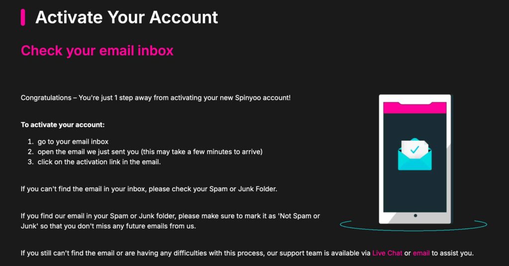 SpinYoo account activation page instructing users to check their email inbox, open the activation email and click the activation link to verify their new casino account.