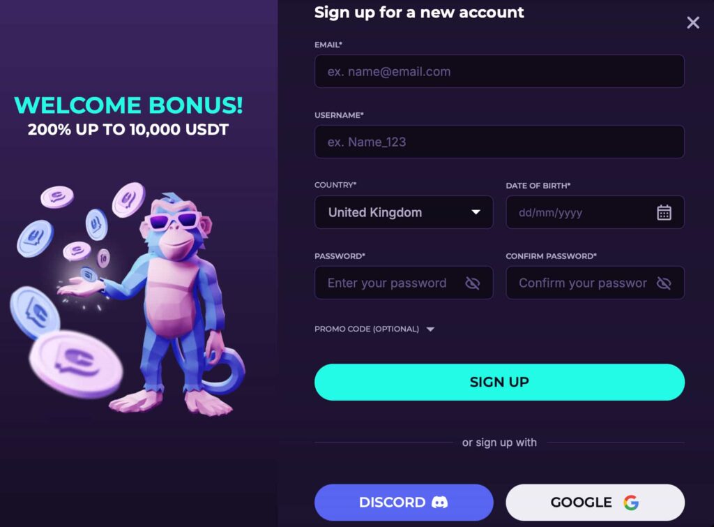 Discasino signup form with welcome bonus displayed