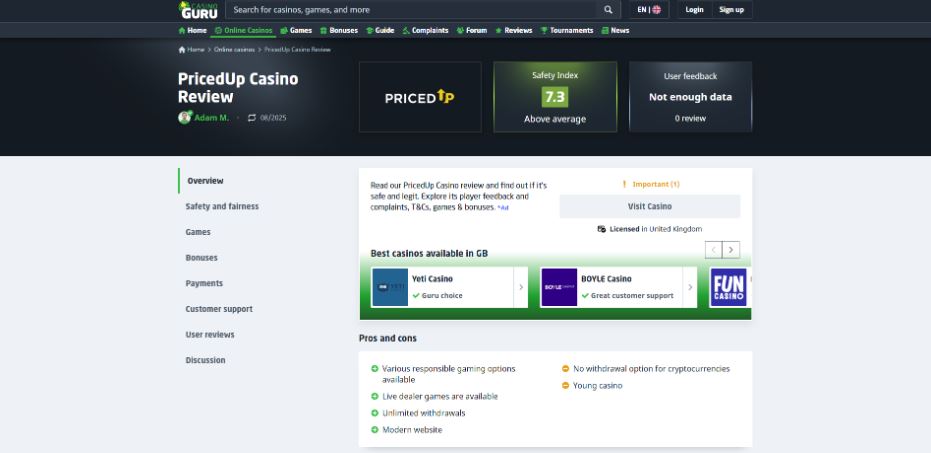 PricedUp Casino Customer Complaints and Online Reputatio