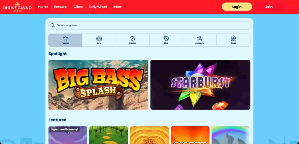 Online Casino London homepage showing the game lobby with Big Bass Splash and Starburst featured under Spotlight, along with navigation tabs for slots, casino, live games, jackpots, and bingo.