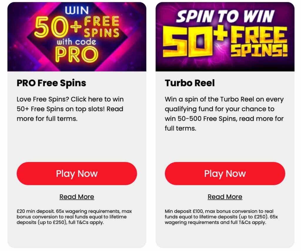 Online Casino London promotions showing PRO Free Spins offering 50+ spins with code PRO and the Turbo Reel promotion offering 50–500 Free Spins on qualifying deposits.