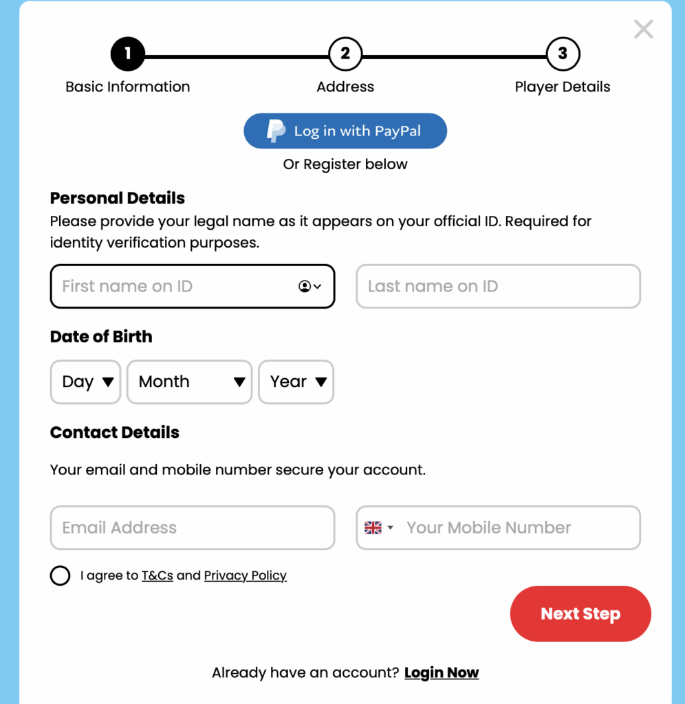 Online Casino London registration screen showing fields for personal details, date of birth, contact information, and a PayPal login option.