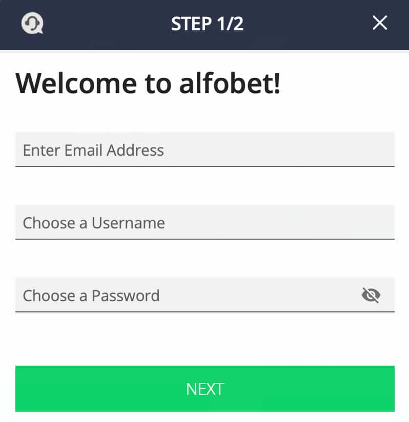 Alfobet registration screen showing step 1 of 2 with fields to enter email address, choose a username, create a password, and a Next button.
