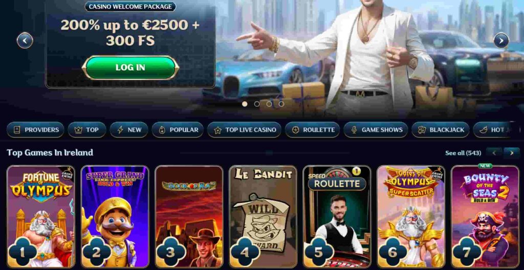 Millioner Casino homepage showing 200% up to €2,500 welcome bonus with 300 free spins and popular slot games