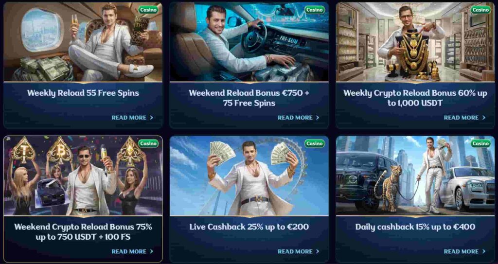 Millioner Casino promotions page showing weekly reload free spins, weekend reload bonuses, crypto reload offers, and cashback deals