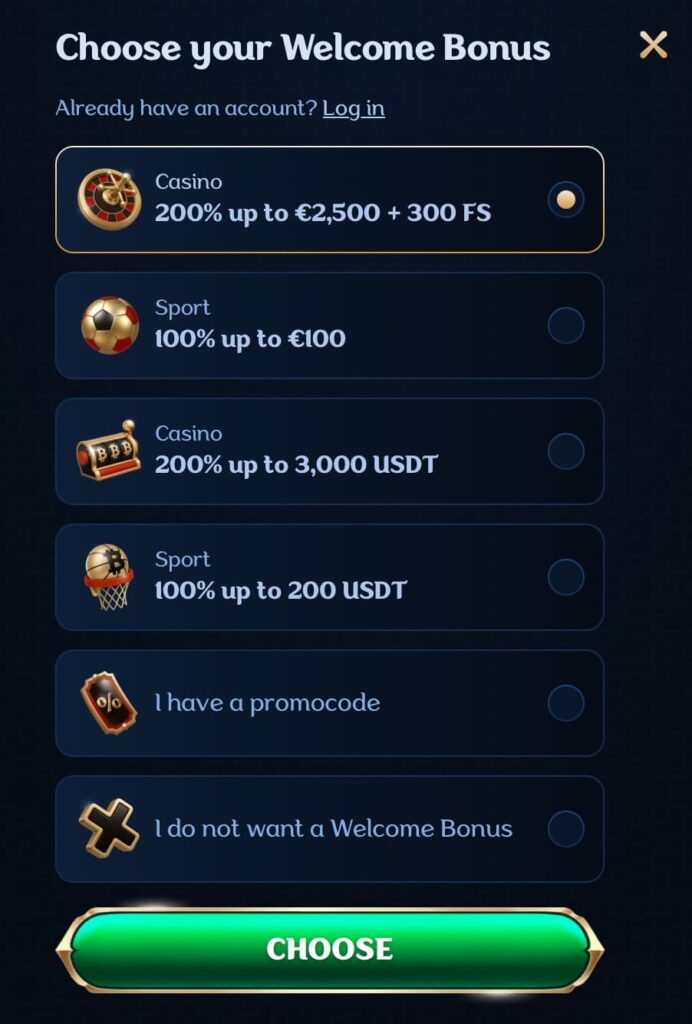 Millioner Casino registration screen showing welcome bonus selection with 200% up to €2,500 and 300 free spins