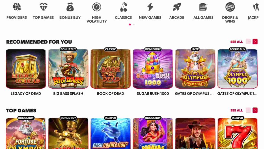 Betista Casino slot game lobby showing popular titles including Legacy of Dead, Big Bass Splash, Book of Dead, Sugar Rush 1000, and Gates of Olympus, with filters for bonus buy, high volatility, classics, new games, arcade, and jackpots.