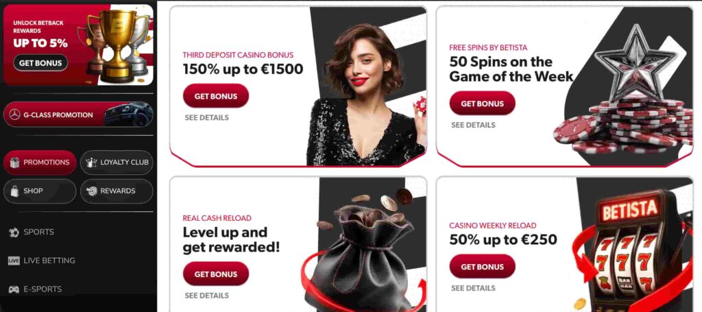 Betista Casino promotions page showing multiple bonus offers, including third deposit casino bonus of 150% up to €1500, 50 free spins on the game of the week, weekly reload bonuses, cashback rewards, and loyalty club promotions.