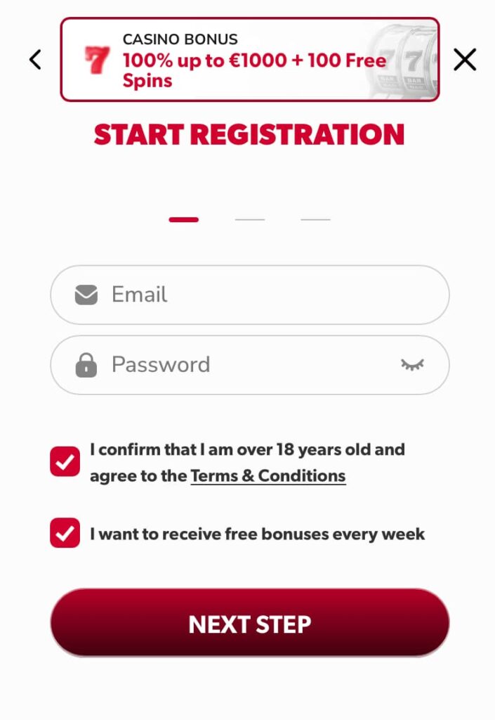 Betista Casino registration screen showing the start registration step with email and password fields, age confirmation checkbox, bonus subscription option, and a selected casino bonus of 100% up to €1000 plus 100 free spins.