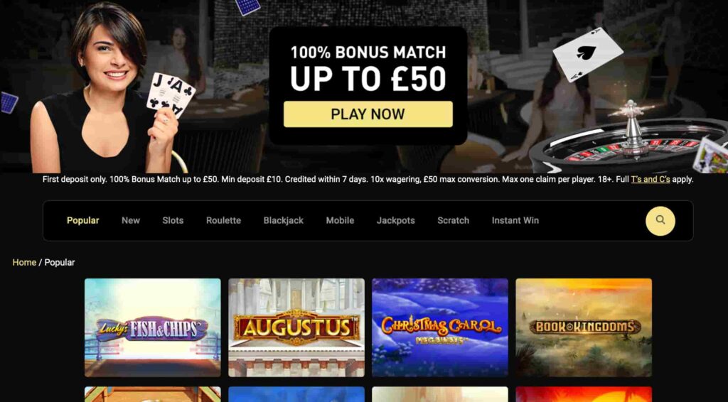 Fortune Mobile Casino homepage featuring £50 welcome bonus offer, live roulette table, blackjack and slot games including Augustus, Christmas Carol Megaways and Book of Kingdoms.