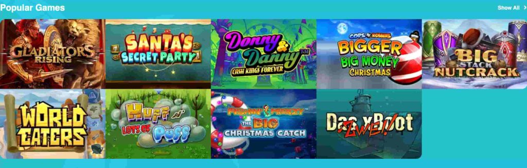 Popular slot games at Fun Casino including Gladiators Rising, Santa’s Secret Party, Donny & Danny Cash Kings Forever, Cops ’n’ Robbers Bigger Big Money Christmas, and Big Stack Nutcrack.