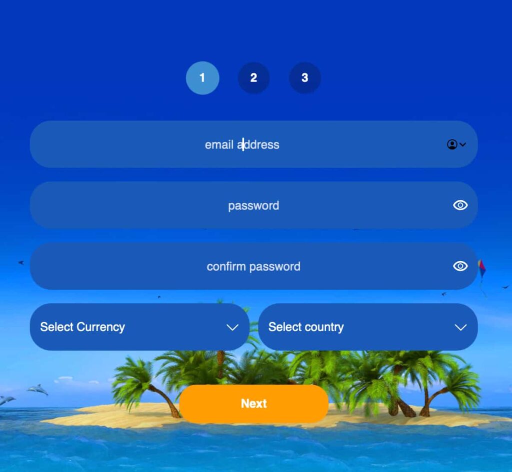 Fun Casino registration screen showing step one of the sign-up process, with fields for email address, password, currency selection, and country selection.
