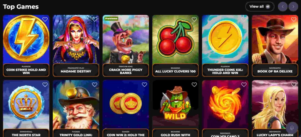 Corgibet Casino’s Top Games section showing popular slot titles from providers like Pragmatic Play, Play’n GO, and Novomatic.