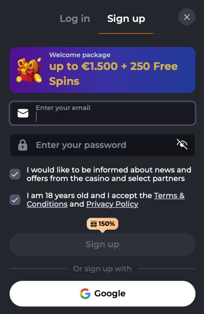 Corgibet Casino sign-up screen showing the welcome package, email and password fields, and Google sign-up option.
