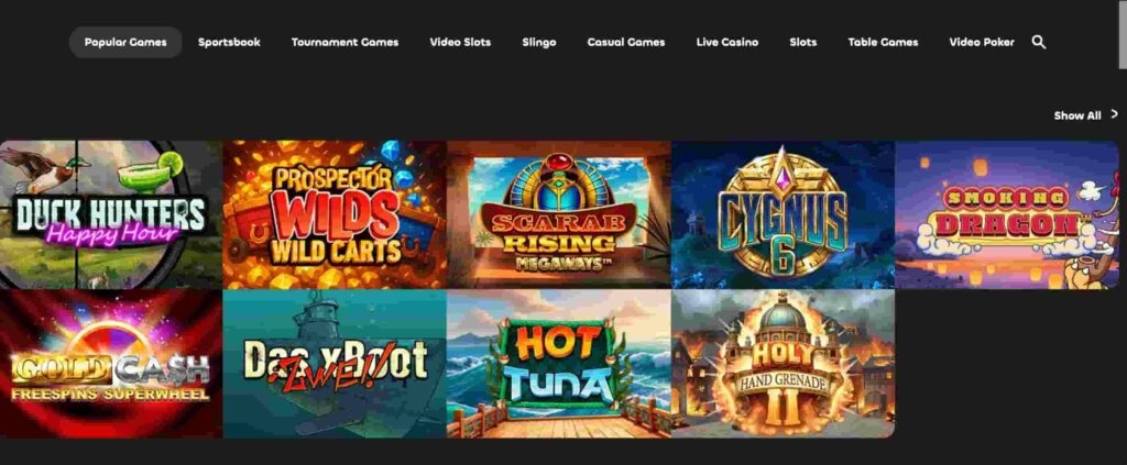 Casino Casino game lobby showing popular slot titles including Duck Hunters, Prospectors Wilds, Scarab Rising Megaways, Cygnus 6, and Hot Tuna.