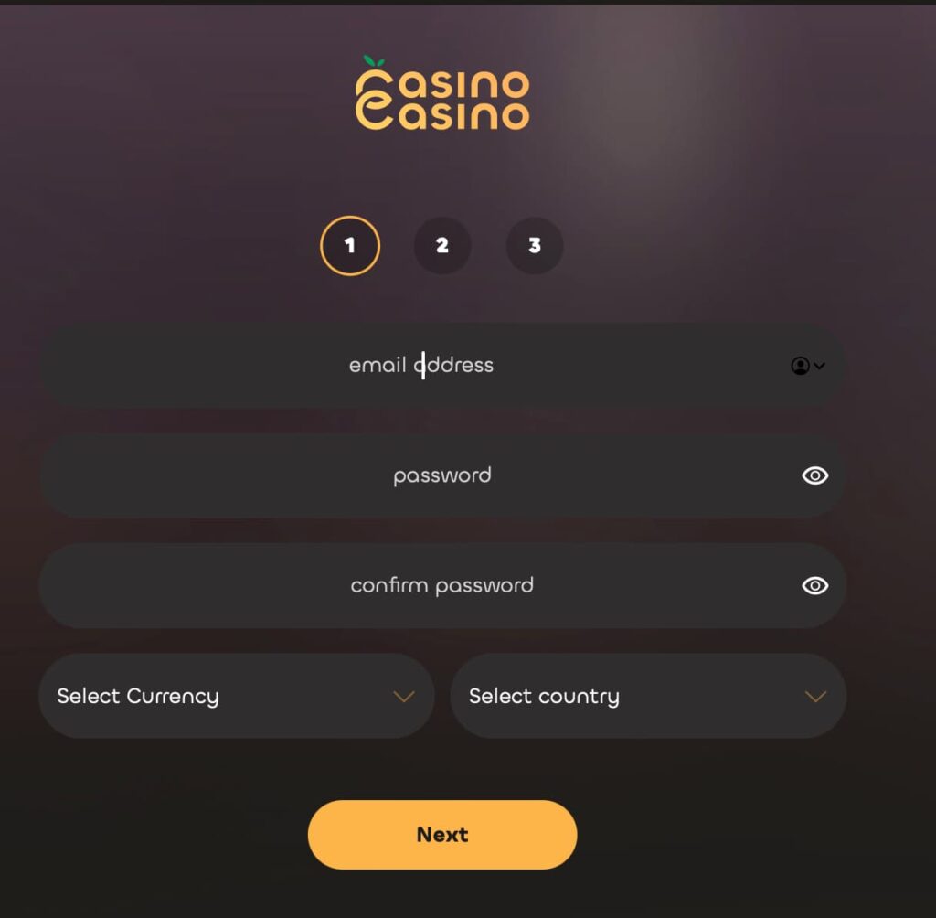 Casino Casino registration step one showing email, password setup, and currency selection.