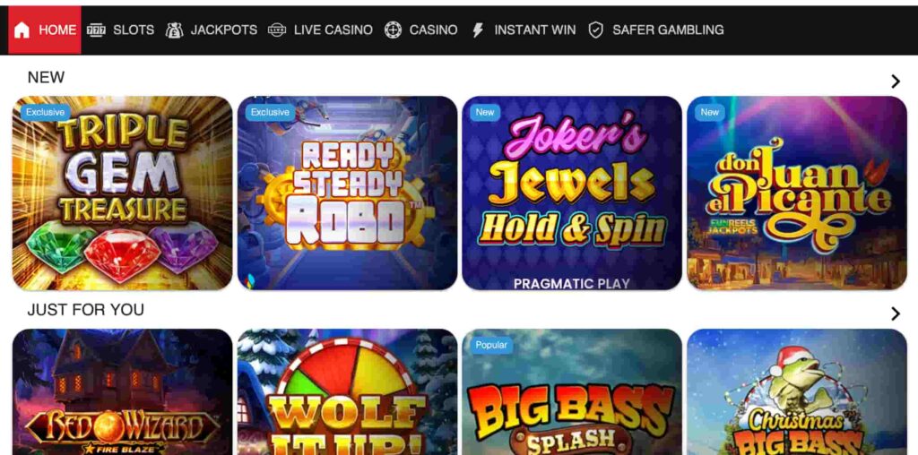 The Sun Vegas casino games lobby showing exclusive and new slot games including Triple Gem Treasure, Ready Steady Roar, Joker’s Jewels Hold & Spin, Big Bass Splash, and Christmas Big Bass.