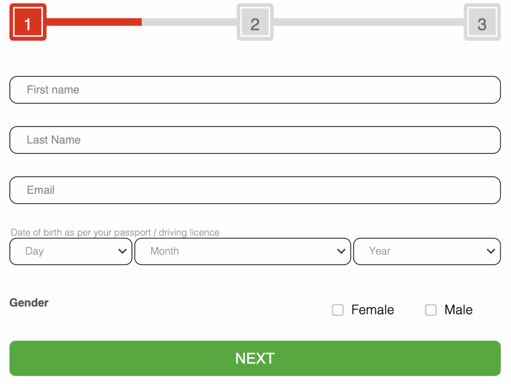 The Sun Vegas account registration form showing step one of three, with fields for first name, last name, email address, date of birth, gender selection, and a ‘Next’ button.