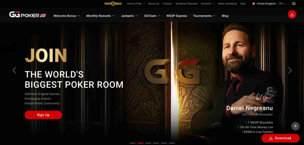 GGPoker UK homepage banner promoting the world’s biggest online poker room, featuring a professional poker ambassador, welcome bonus messaging, and sign-up call to action.