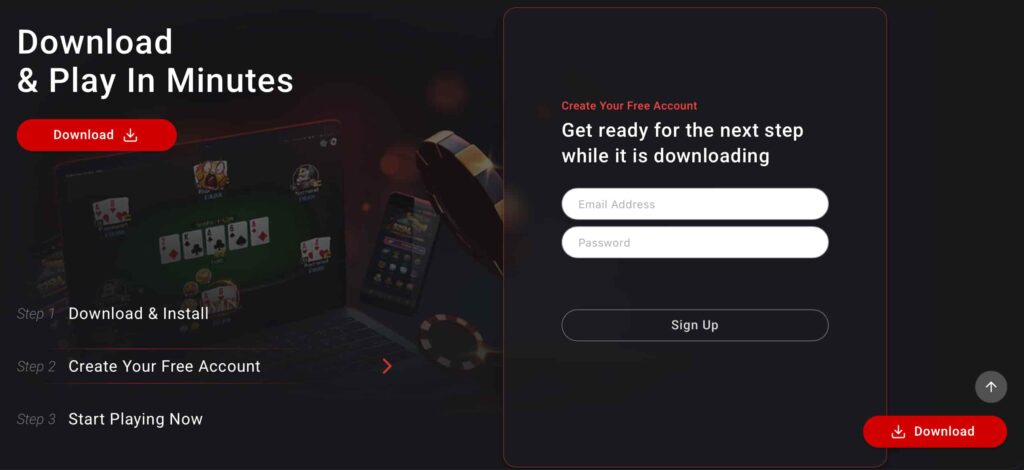 GGPoker download and sign-up screen showing app installation prompt, email and password registration form, and step-by-step account creation flow.