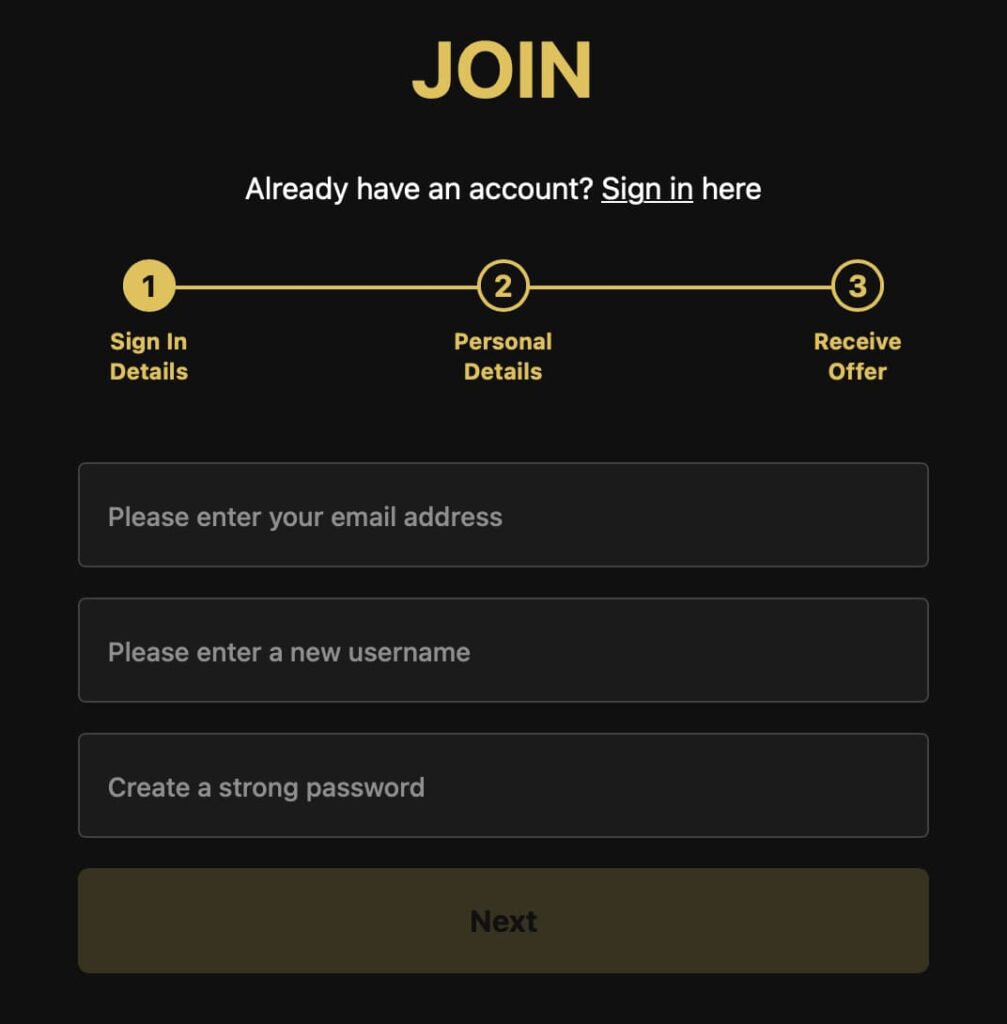 Regal Wins registration page showing Step 1 sign-in details form with fields for email, username and password.