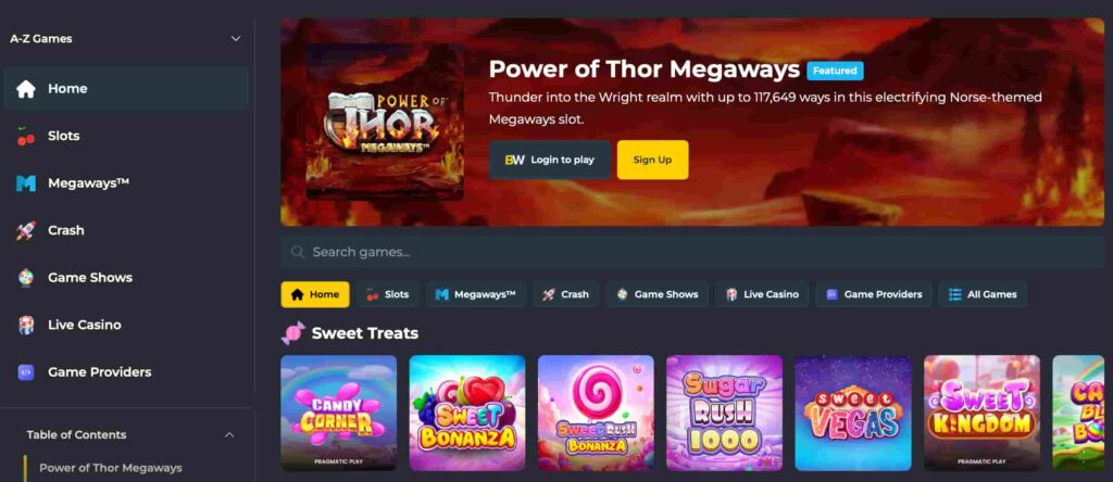 Online casino homepage featuring a “Power of Thor Megaways” banner with login and sign-up buttons, navigation for slots and live casino, and a “Sweet Treats” section displaying colorful Pragmatic Play slot games like Sweet Bonanza and Sugar Rush 1000.