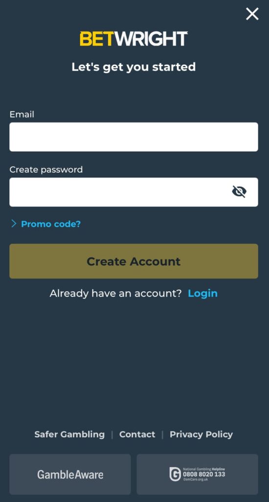 BetWright Casino registration screen displaying email and password fields, optional promo code link, “Create Account” button, login link, and responsible gambling information including GambleAware and National Gambling Helpline details.