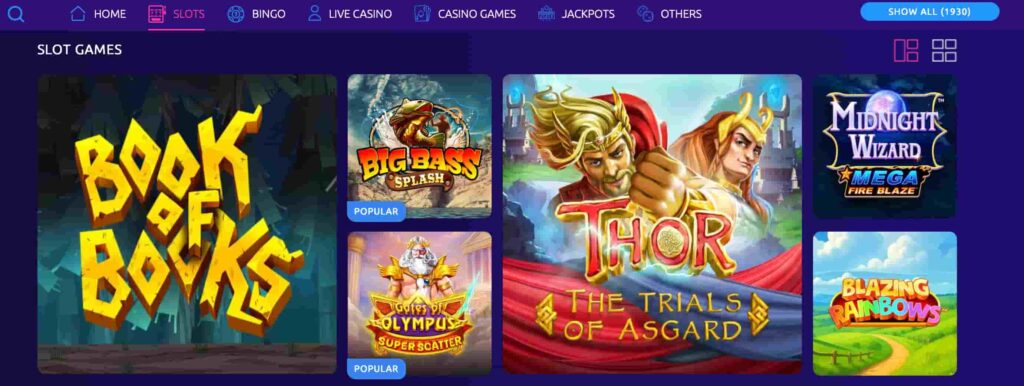 Online casino slots lobby featuring popular slot games including Book of Rocks, Big Bass Splash, Thor: The Trials of Asgard, and Midnight Wizard.