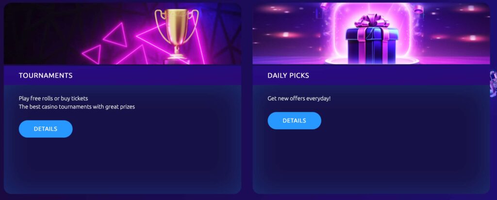 Online casino promotions page featuring casino tournaments, daily picks, free rolls, bonus offers, and prize competitions.