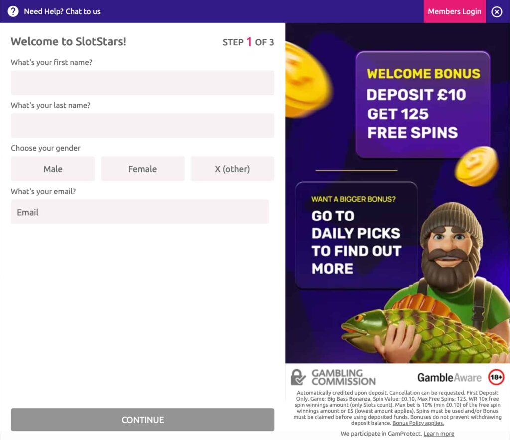 Online casino registration page with welcome bonus offer, free spins promotion, member login, and sign-up form for new players.