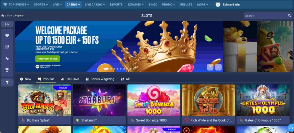 Online casino slots page featuring welcome bonus offers and popular slot games including Big Bass Splash, Starburst, Sweet Bonanza 1000, Book of Dead, and Gates of Olympus 1000.