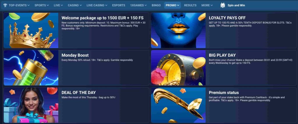 Online casino promotions page featuring welcome bonus offers, loyalty rewards, Monday Boost, Big Play Day, cashback deals, and free spins promotions.