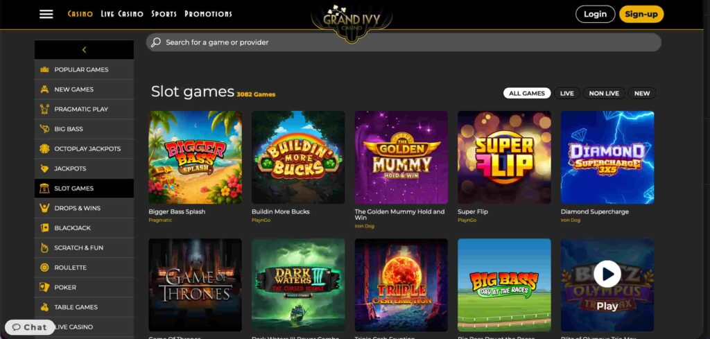 Grand Ivy Casino slot games lobby featuring Pragmatic Play, Play’n GO and Iron Dog titles including Bigger Bass Splash, Super Flip and Game of Thrones slots.