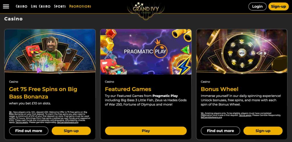 Grand Ivy Casino promotions page featuring Big Bass Bonanza free spins offer, Pragmatic Play featured games and daily bonus wheel rewards.