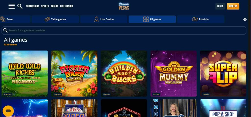 Dream Vegas Casino games lobby featuring online slots from Pragmatic Play, Play’n GO and Iron Dog including Bigger Bass Splash, Golden Mummy and Super Flip.