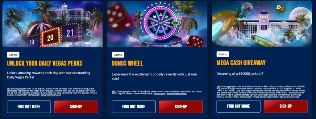 Dream Vegas Casino bonuses and promotions including daily rewards, bonus wheel and cash giveaway offers.